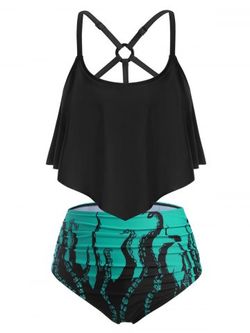Plus Size & Curve Octopus Printed O-Ring Ruched Padded Tummy Control Tankini Swimsuit - BLACK - L