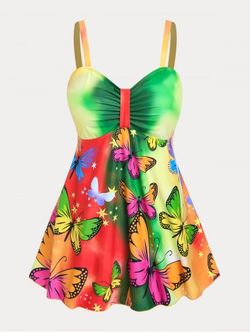 Plus Size & Curve Butterfly Print Ruched Empire Waist Swim Dress Set - MULTI - 2X