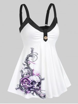 Plus Size Ruched Rose Skull Print Tank Top