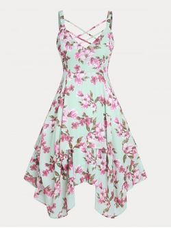 Floral Print Crisscross Handkerchief Plus Size & Curve Midi Cottagecore Dress - LIGHT GREEN - L | US 12