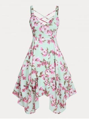Floral Print Crisscross Handkerchief Plus Size & Curve Midi Cottagecore Dress