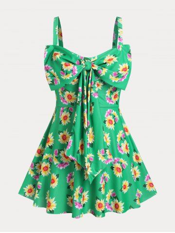 Bowknot Floral Print Plus Size & Curve Tankini Swimsuit - GREEN - L