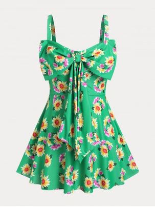 Bowknot Floral Print Plus Size & Curve Tankini Swimsuit