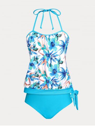 Floral Print Tie Side Backless Plus Size & Curve Halter Tankini Swimsuit - LIGHT BLUE - 2X