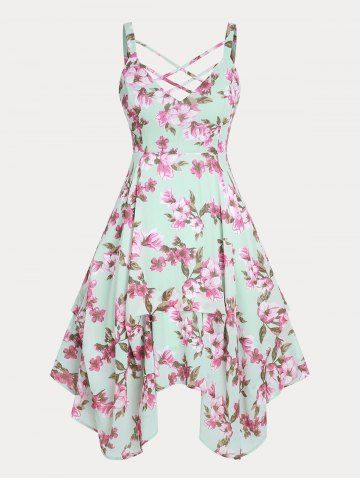 Floral Print Crisscross Handkerchief Plus Size & Curve Midi Cottagecore Dress - LIGHT GREEN - M | US 10