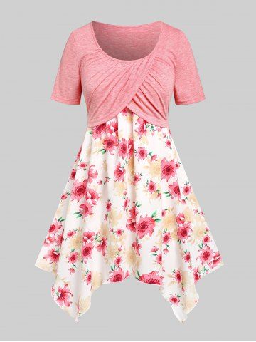 Floral Print Handkerchief Plus Size & Curve T-shirt - LIGHT PINK - M | US 10