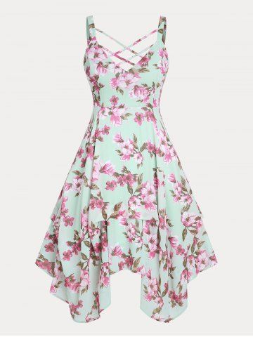 Floral Print Crisscross Handkerchief Plus Size & Curve Midi Cottagecore Sundress - LIGHT GREEN - 2X | US 18-20