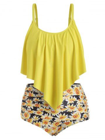 Plus Size & Curve Padded Sunflower Print Ruched Tummy Control Tankini Swimsuit - YELLOW - 3X