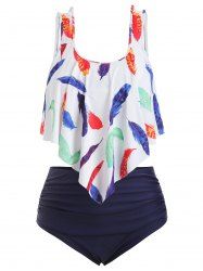 Plus Size & Curve Overlay Feather Print Ruched Padded Tankini Swimsuit -  