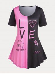T-shirt Bicolore Graphique à Imprimé LOVE Style de Curve de Grande Taille - Noir 4X | US 26-28