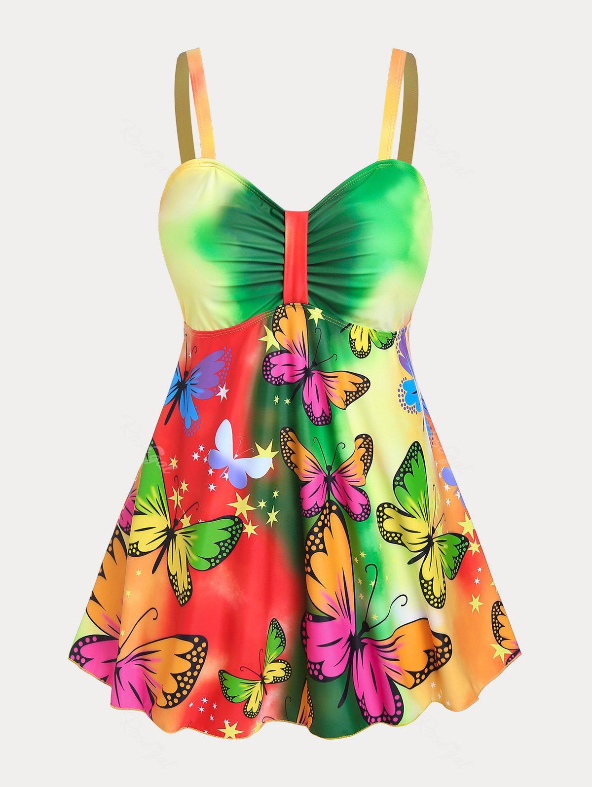 Hot Plus Size & Curve Butterfly Print Ruched Empire Waist Swim Dress Set  