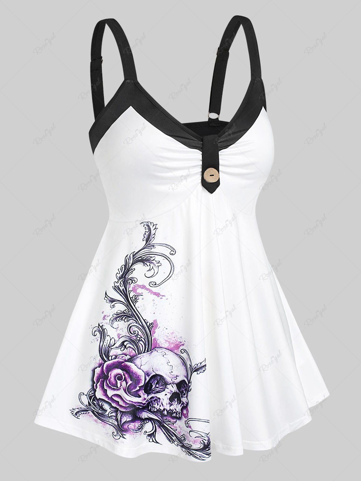 Fashion Plus Size Ruched Rose Skull Print Tank Top  