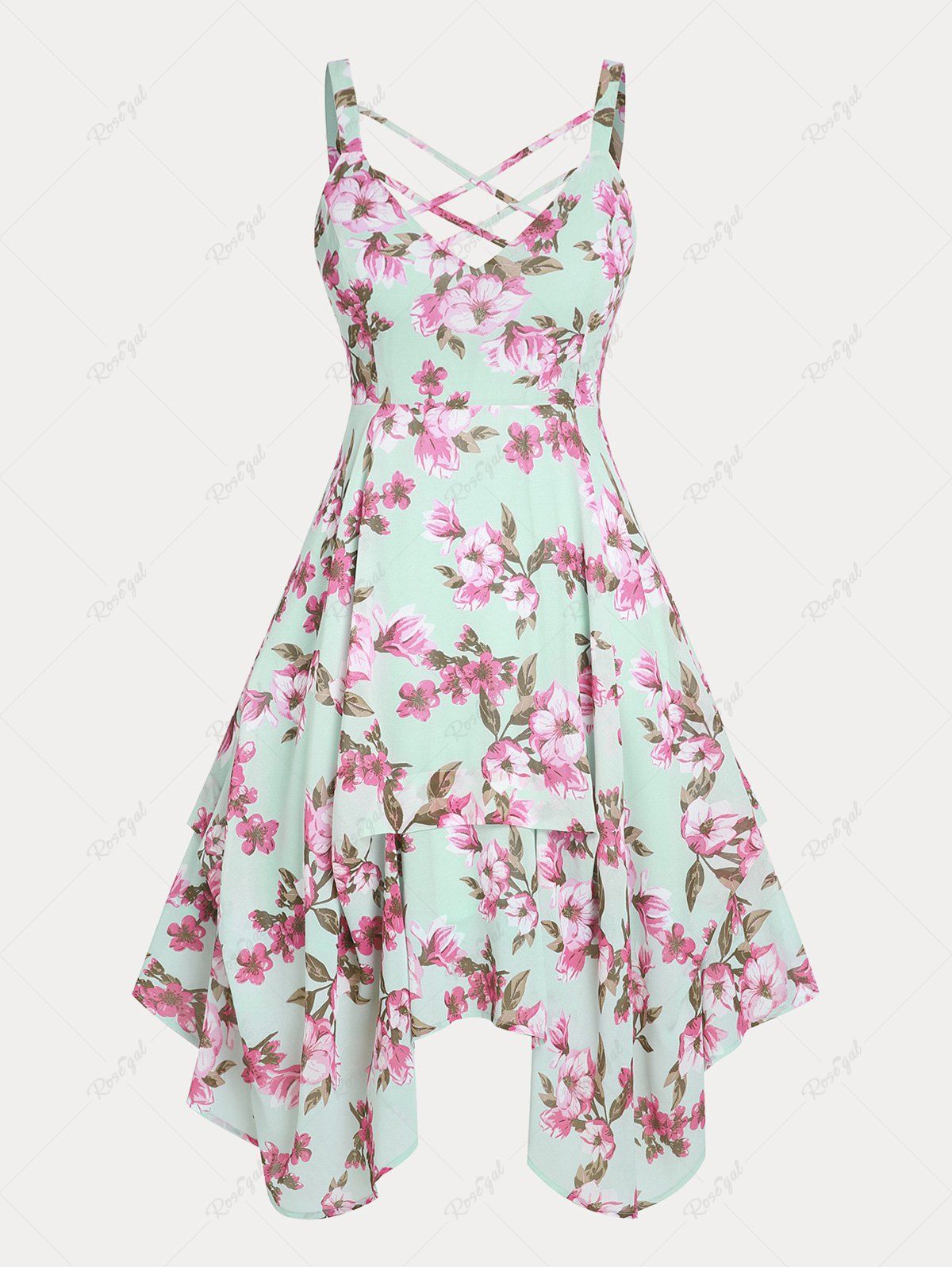 Sale Floral Print Crisscross Handkerchief Plus Size & Curve Midi Cottagecore Dress  