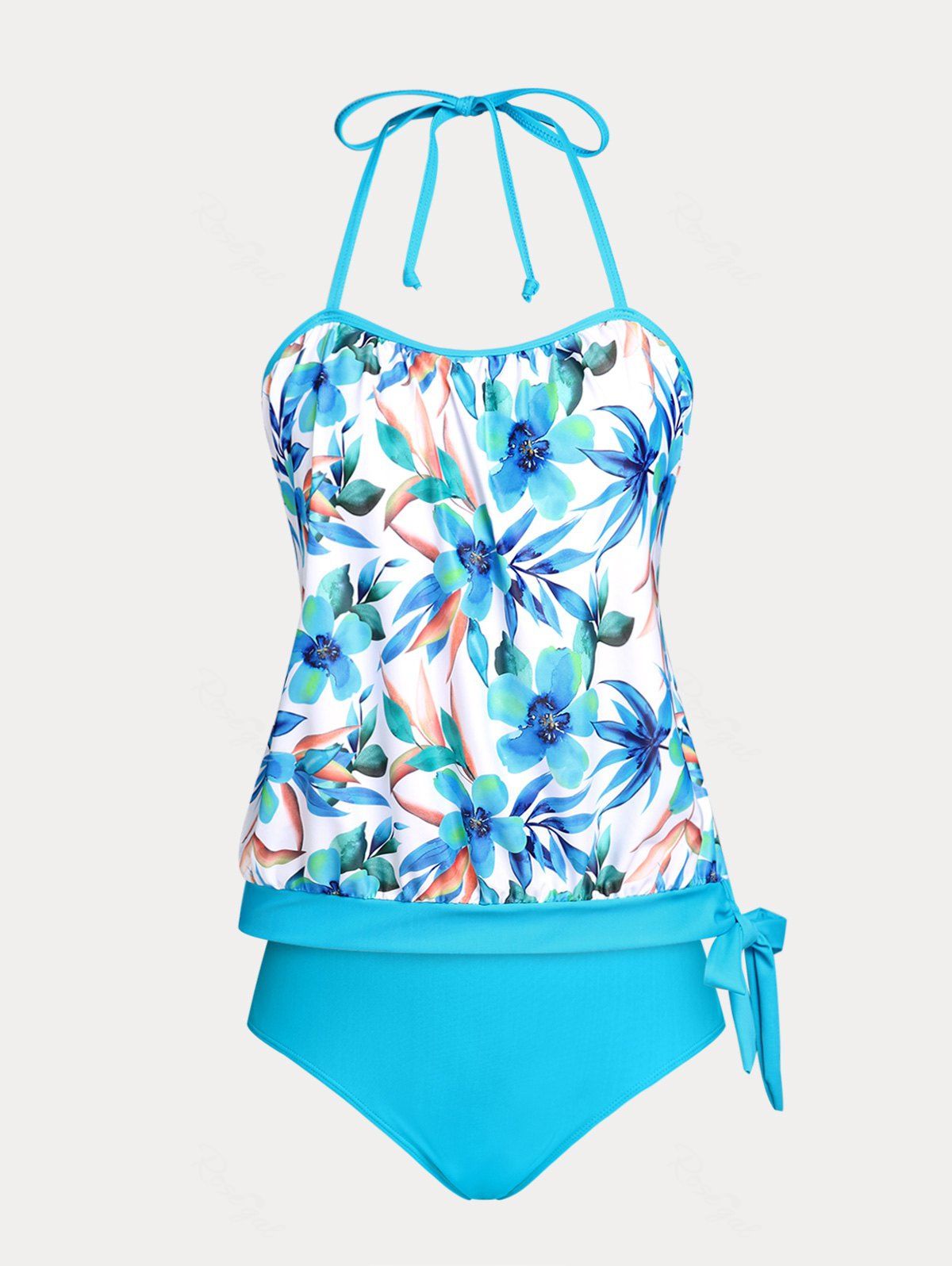 Cheap Floral Print Tie Side Backless Plus Size & Curve Halter Tankini Swimsuit  