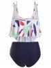 Plus Size & Curve Overlay Feather Print Ruched Padded Tankini Swimsuit -  