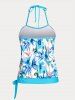 Floral Print Tie Side Backless Plus Size & Curve Halter Tankini Swimsuit -  