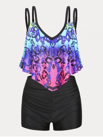 Mixed Print Ruffled Overlay Plus Size & Curve Ruched Tummy Control Tankini Swimsuit - BLACK - L