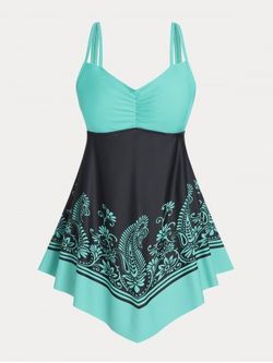 Ruched Paisley Print Asymmetric Plus Size & Curve Modest Swim Dress Set - LIGHT GREEN - 4X