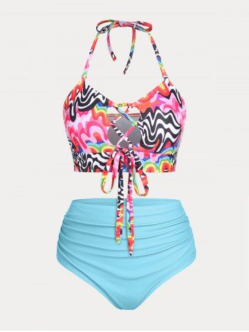 Halter Lace Up Colorful Print Plus Size & Curve Bikini Swimsuit - MULTI - 2X
