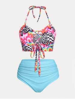 Halter Lace Up Colorful Print Plus Size & Curve Bikini Swimsuit - MULTI - 3X