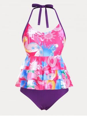 Full Print Layered Backless Plus Size & Curve Halter Modest Tankini Swimsuit