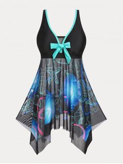 Bowknot Plunge Starfish Shell Print Plus Size & Curve Handkerchief Tankini Swimsuit - BLACK - 3X