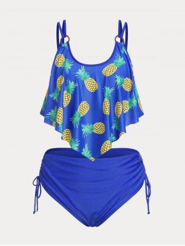 Pineapple Print Ruffled Overlay Plus Size & Curve Tankini Swimsuit - BLUE - L