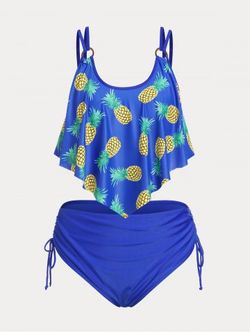 Pineapple Print Ruffled Overlay Plus Size & Curve Tankini Swimsuit - BLUE - 1X