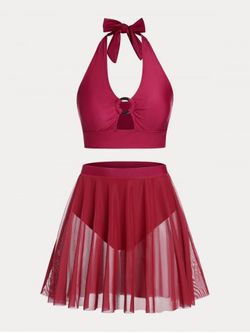 Halter Plunge Mesh Overlay Plus Size & Curve Skirtini Bikini Swimsuit - RED - 2X