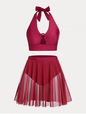 Halter Plunge Mesh Overlay Plus Size & Curve Skirtini Bikini Swimsuit - RED - 5X
