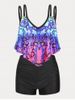 Mixed Print Ruffled Overlay Plus Size & Curve Ruched Tummy Control Tankini Swimsuit -  