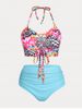 Halter Lace Up Colorful Print Plus Size & Curve Bikini Swimsuit -  