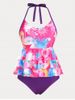 Full Print Layered Backless Plus Size & Curve Halter Modest Tankini Swimsuit -  
