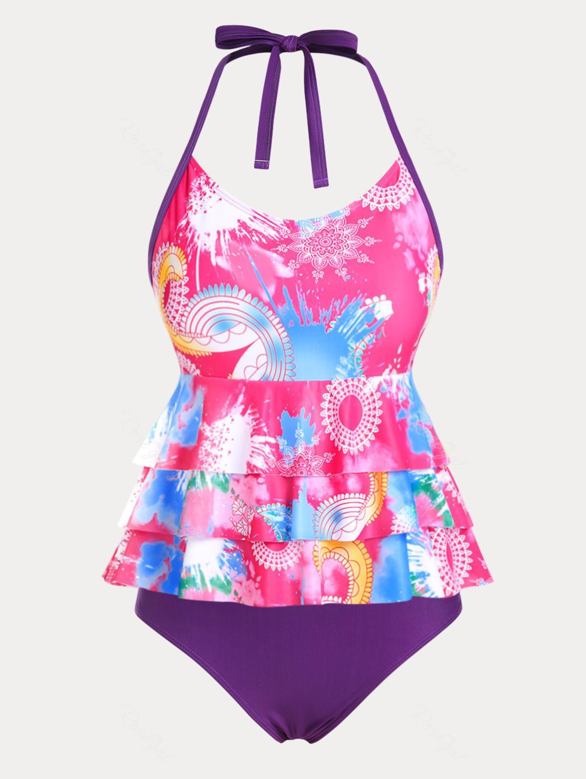 Sale Full Print Layered Backless Plus Size & Curve Halter Modest Tankini Swimsuit  