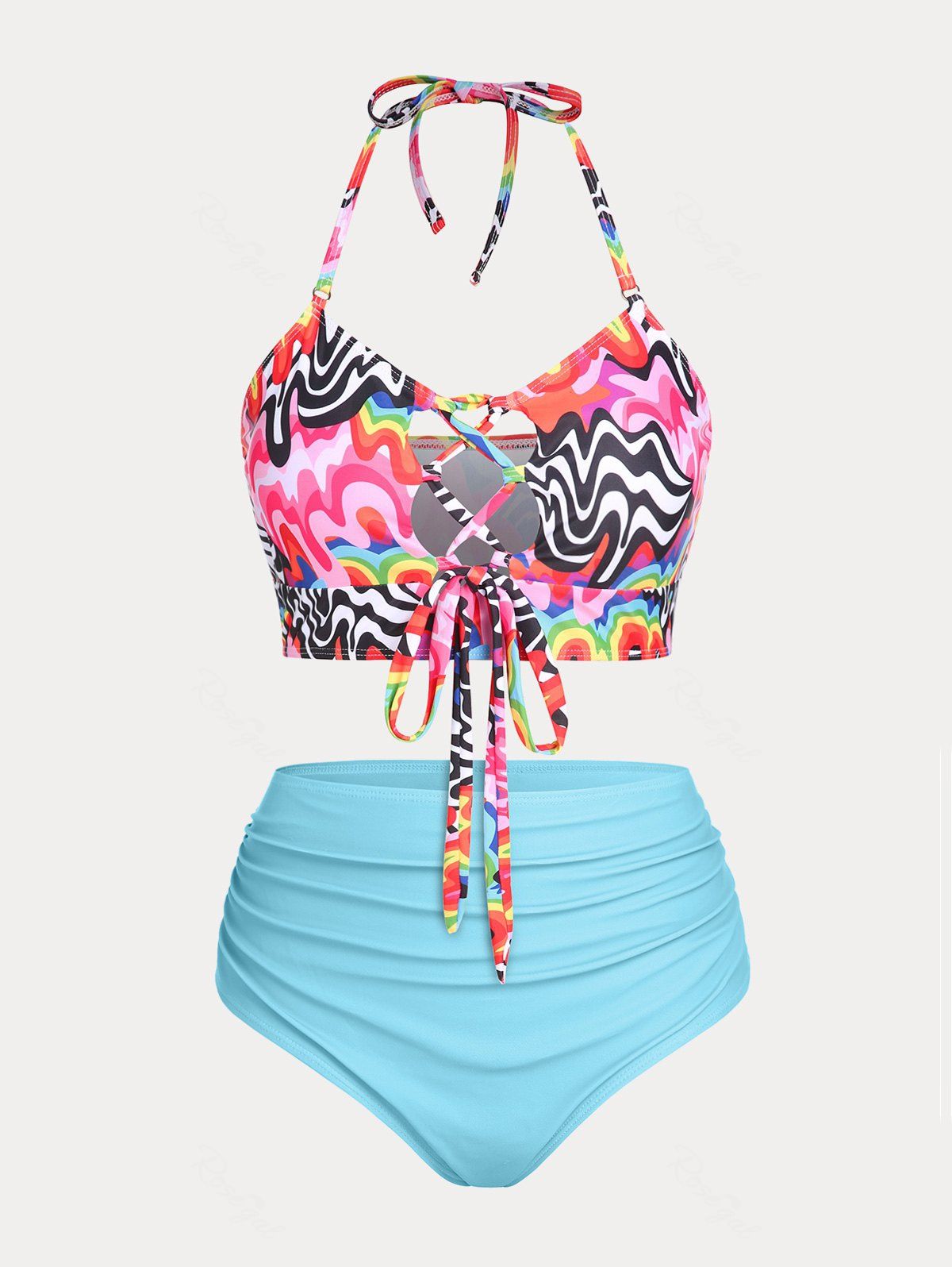Chic Halter Lace Up Colorful Print Plus Size & Curve Bikini Swimsuit  