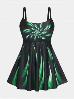 Plus Size & Curve Printed Tummy Control Modest Swim Dress Set - BLACK - L