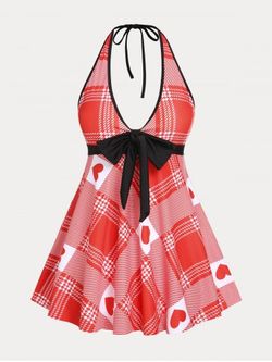 Plunge Plaid Heart Print Plus Size & Curve Halter Modest Swim Dress Set - RED - 2X