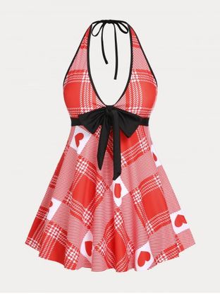 Plunge Plaid Heart Print Plus Size & Curve Halter Modest Swim Dress Set