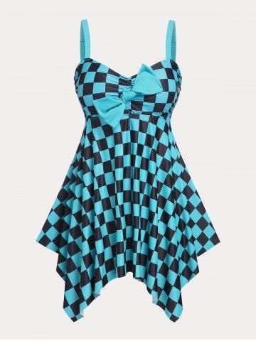 Bowknot Checkerboard Print Plus Size & Curve Handkerchief Modest Tankini  Swimsuit - BLUE - 1X