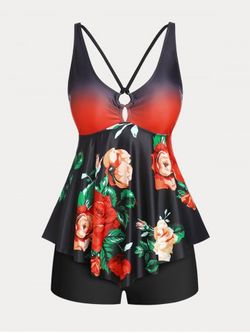 Floral Print Ombre Color Plus Size & Curve Modest Tankini  Swimsuit - BLACK - L