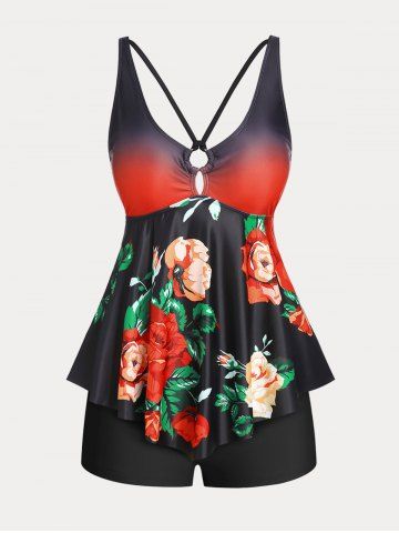 Floral Print Ombre Color Plus Size & Curve Modest Tankini  Swimsuit - BLACK - 2X