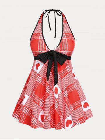 Plunge Plaid Heart Print Plus Size & Curve Halter Modest Swim Dress Set - RED - 1X