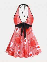 Tenue de Robe de Bain Matelassée Modeste Curve à Imprimé Carreaux Cœur de Grande Taille à Col Halter - Rouge 2X