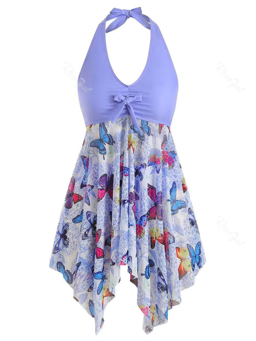 Affordable Halter Butterfly Print Handkerchief Plus Size & Curve Tankini Swimsuit  