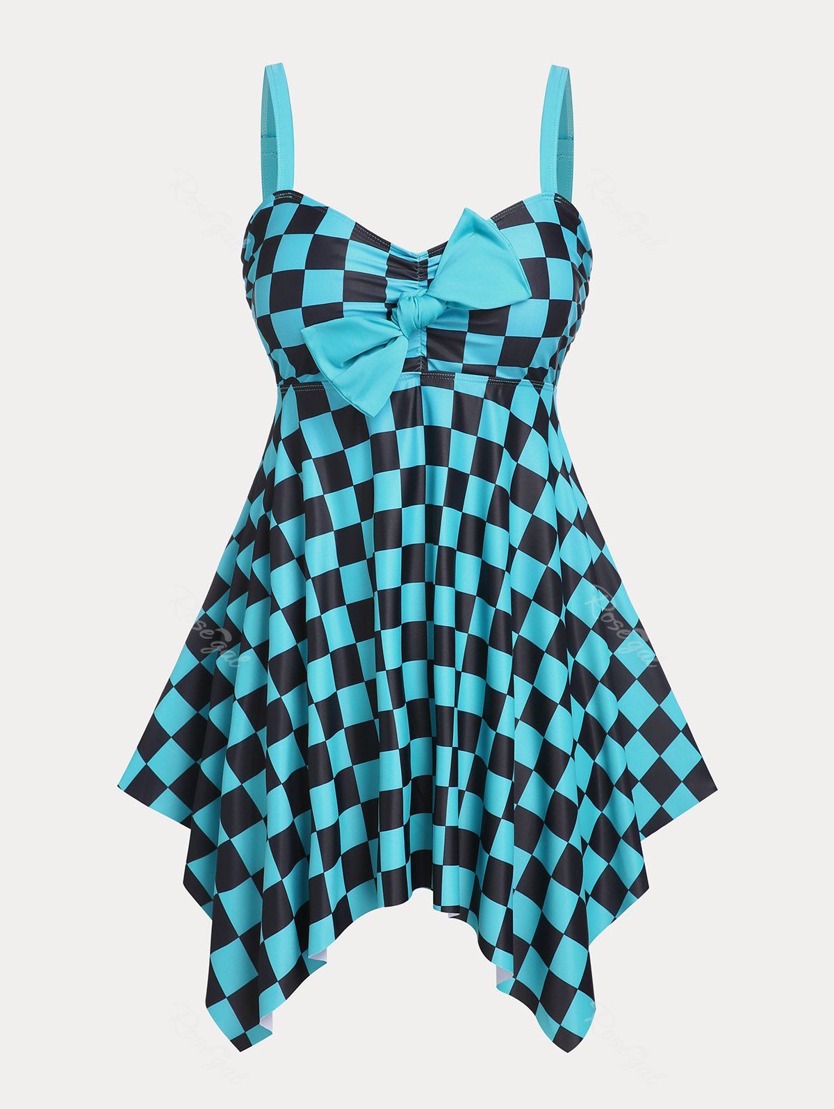 Affordable Bowknot Checkerboard Print Plus Size & Curve Handkerchief Modest Tankini  Swimsuit  