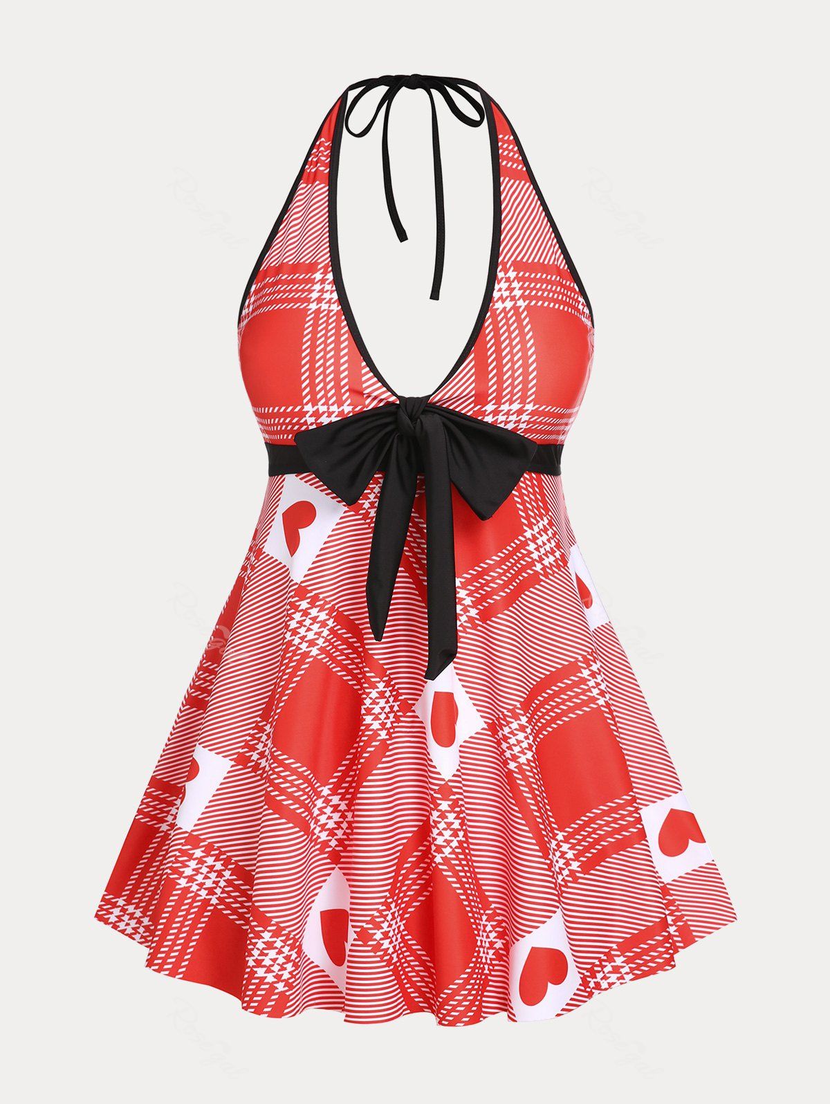Tenue de Robe de Bain Matelassée Modeste Curve à Imprimé Carreaux Cœur de Grande Taille à Col Halter Rouge 3X