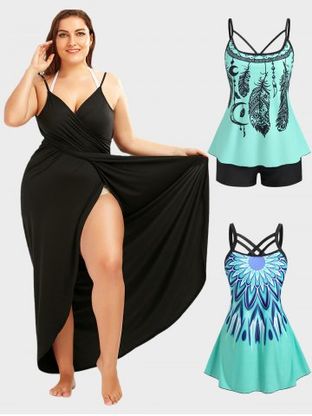3 Pieces Swimwear Cover Up Wrap Dress and Tankini Set Plus Size Swim Summer Outfit