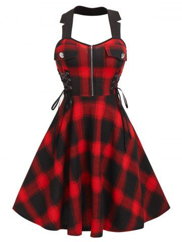 Vintage Backless Lace Up Plaid Dress - RED - L