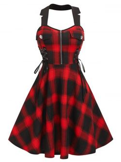 Vintage Backless Lace Up Plaid Dress - RED - XXL