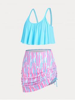 Ruffled Overlay Modest Plus Size & Curve Three Piece Tankini Swimsuit - LIGHT BLUE - 3X